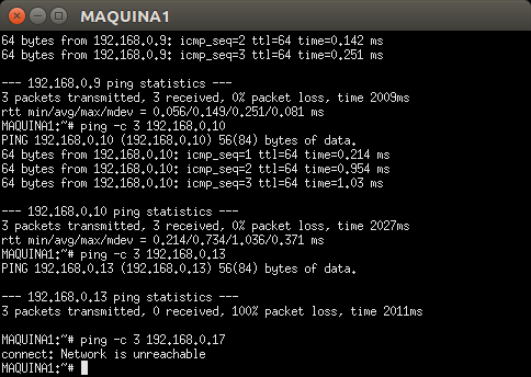 Resultado do ping executado da MAQUINA1 para todas as máquinas