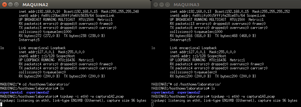 tcpdump rodando nas máquinas 2 e 3