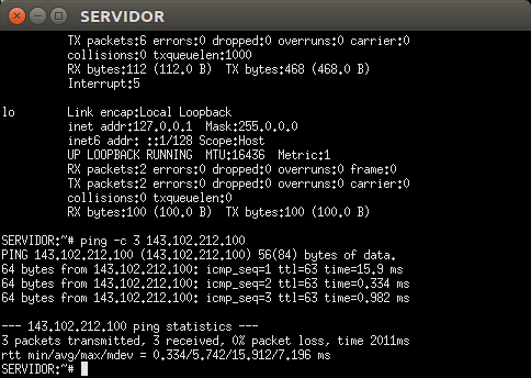 ping sendo executado do SERVIDOR para a INTERNET